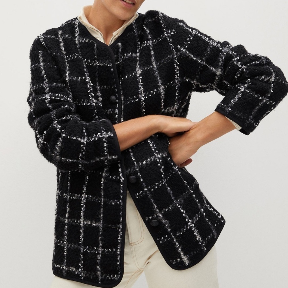 Mango Black White Checked Tweed Knit Tailored Jacket Size Small